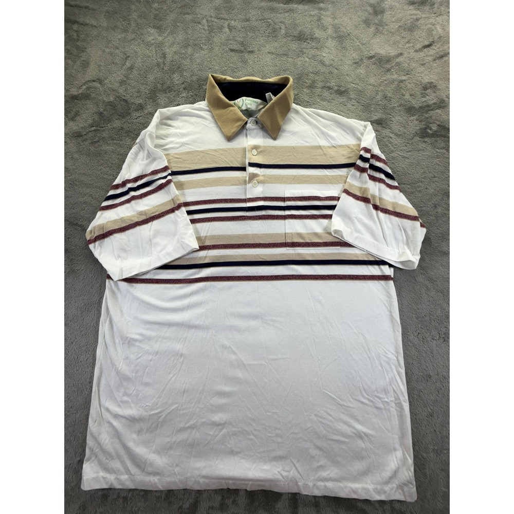 Palmland Club Mens XL Striped Short Sleeve Polo Shirt White Tan Navy 1300-19